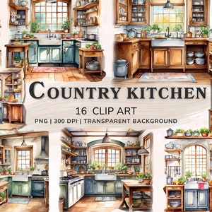 Clipart aquarela cozinha country, 16 PNG decoração rústica de fazenda vintage, pacote de clipart de culinária para impressão, álbum de recortes, download digital