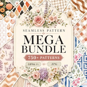 Puede incluir: Un gráfico digital que muestra el texto SEAMLESS PATTERN MEGA BUNDLE 750+ PATTERNS 4096 PX JPG, rodeado por un marco decorativo con ilustraciones florales de rosas y lavanda, sobre un collage de varios fondos con diferentes patrones.