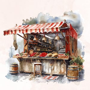 Puede incluir: Una pintura de acuarela de un puesto de mercado de madera con un toldo a rayas rojas y blancas. El puesto est&aacute; lleno de productos frescos, incluyendo tomates, pepinos y patatas. Tambi&eacute;n hay barriles de madera y un taburete delante del puesto.