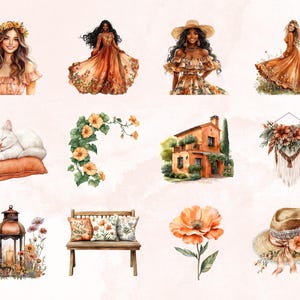 May include: A collection of watercolor illustrations featuring a variety of subjects, including a woman wearing a floral dress and a straw hat, a cat sleeping on a pillow, a house with a terracotta roof, a wreath with flowers and a dreamcatcher, a bench with pillows, a flower, and a hat with flowers.