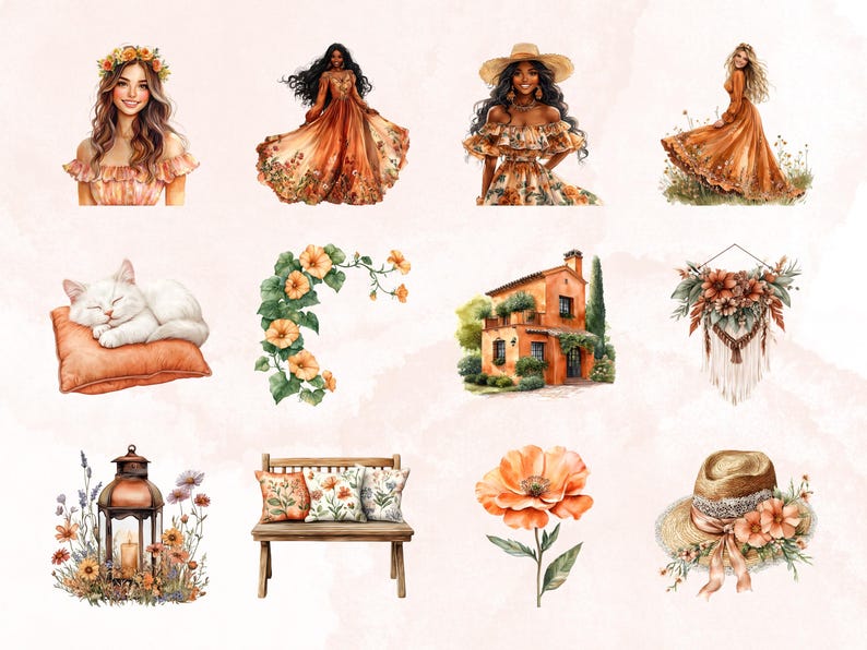 May include: A collection of watercolor illustrations featuring a variety of subjects, including a woman wearing a floral dress and a straw hat, a cat sleeping on a pillow, a house with a terracotta roof, a wreath with flowers and a dreamcatcher, a bench with pillows, a flower, and a hat with flowers.