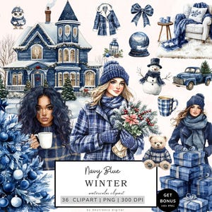 Pacote de clipart de inverno, clipart de natal aconchegante, clipart de inverno, png de fofura azul marinho, gráficos de inverno com neve, cottagecore, download digital