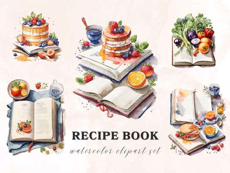 May include: Watercolor clipart set of recipe books with various food illustrations. The set includes a book with a cake, a book with a stack of pancakes, a book with vegetables, a book with a sandwich, and a book with a grapefruit. The text "RECIPE BOOK watercolor clipart set" is written below the books.