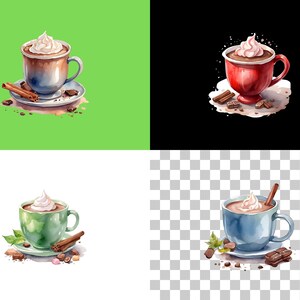 Pu&ograve; includere: Quattro illustrazioni ad acquerello di tazze di cioccolata calda con panna montata e bastoncini di cannella. Le tazze sono di diversi colori: blu, verde, rosso e marrone. Ogni tazza &egrave; su un piattino con pezzi di cioccolato e bastoncini di cannella.