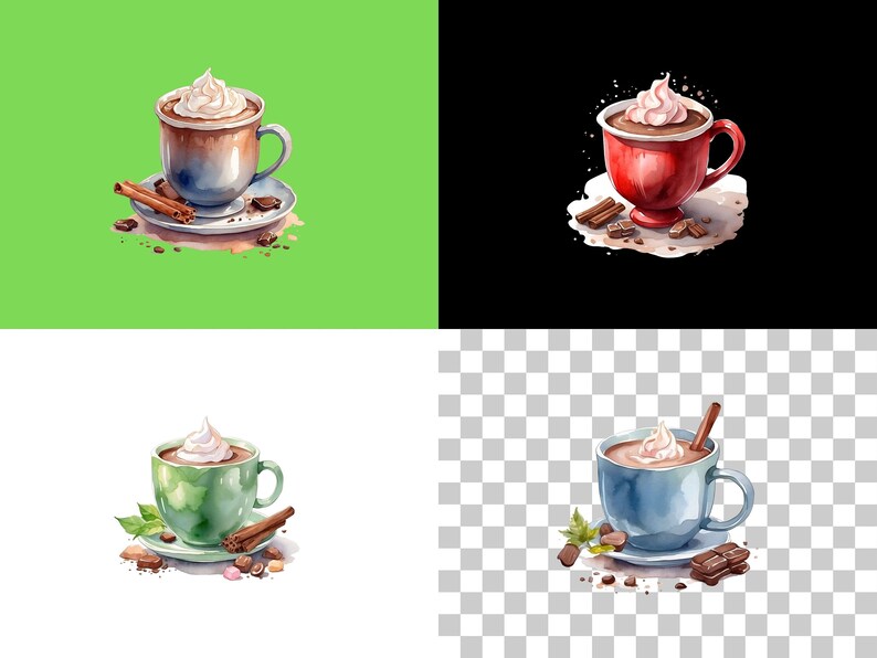 Pu&ograve; includere: Quattro illustrazioni ad acquerello di tazze di cioccolata calda con panna montata e bastoncini di cannella. Le tazze sono di diversi colori: blu, verde, rosso e marrone. Ogni tazza &egrave; su un piattino con pezzi di cioccolato e bastoncini di cannella.