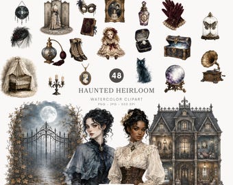 Aquarell-Cliparts mit Spukmotiven, viktorianische Halloween-PNG-Dateien, gotische Antik-Dekoration, Spukhaus, gruselige Puppengrafiken – 588