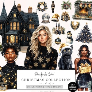 Weihnachten Clipart Bundle, Schwarz und Gold Weihnachten Png, gemütliche Winter Weihnachtsgrafik, Schneemann, Weihnachtsbaum, Cottagecore, kommerzielle Nutzung
