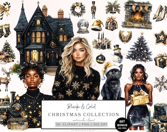 Pacchetto di clipart natalizie, immagini PNG natalizie in nero e oro, grafica natalizia invernale accogliente, pupazzo di neve, albero di Natale, stile cottagecore, uso commerciale