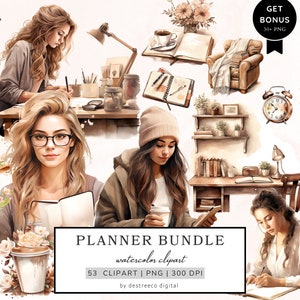 Clipart de menina planejador aquarela, pacote de clipart de planejamento, diário estético png, xícara de café, elementos de planejador, download de clipart de planejador de amor