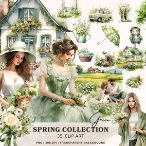 Clipart printemps aquarelle, lot de cliparts jardinage vert printemps, graphiques de printemps Png, Png floral printanier, fille aquarelle, autocollants numériques