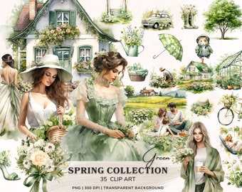 Watercolor Spring Clipart, Green Spring Gardening Clipart Bundle, Png Spring Graphics, Spring Floral Png, Watercolor Girl, Digital Stickers