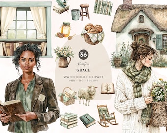 Watercolor Rustic Grace Clipart, Cottagecore Clipart, Vintage Books Clipart, Cozy Cottage Graphics, Vintage Aesthetic Pngs, Digital Download