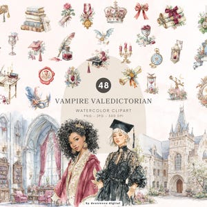 以下が含まれることがあります： 「Vampire Valedictorian」をテーマにした水彩画クリップアートセット。鍵、本、バラ、王冠、コウモリ、机、仮面、ビクトリア朝の衣装を着た2人の女性など、さまざまなイラストが特徴です。背景にはお城があります。