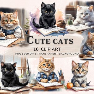 Niedliche Katzen Clipart, Aquarell Clipart Kätzchen Bundle, 16 PNG Autor Katzen, druckbare Grafik, transparent, Scrapbook digitaler Download