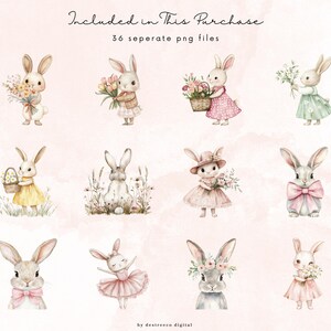May include: A set of 36 watercolor illustrations of bunnies in various poses, wearing different outfits and holding flowers, eggs, and other spring-themed items. The illustrations are on a pink background with watercolor splatters.
