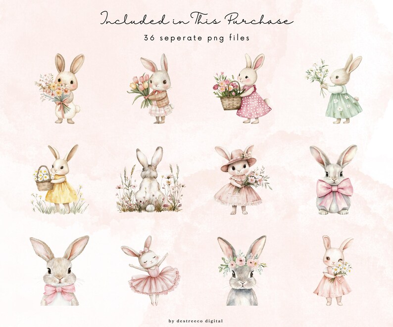 May include: A set of 36 watercolor illustrations of bunnies in various poses, wearing different outfits and holding flowers, eggs, and other spring-themed items. The illustrations are on a pink background with watercolor splatters.