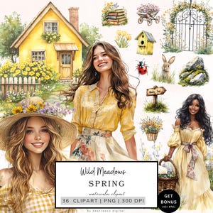 Paquete de imágenes prediseñadas de primavera, imágenes prediseñadas de prado salvaje, imágenes prediseñadas de Cottagecore, gráficos de primavera, imágenes prediseñadas de flores silvestres, PNG estéticos acogedores, descarga digital