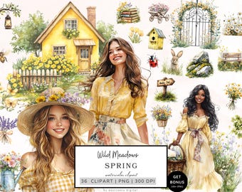 Spring Clipart Bundle, Wild Meadow Clipart, Cottagecore Clipart, Spring Graphics, Wildflowers Clipart, Cozy Aesthetic Pngs, Digital Download