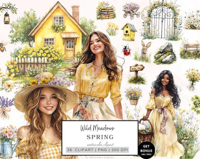 Watercolor Spring Clipart, Green Spring Gardening Clipart Bundle, Png ...