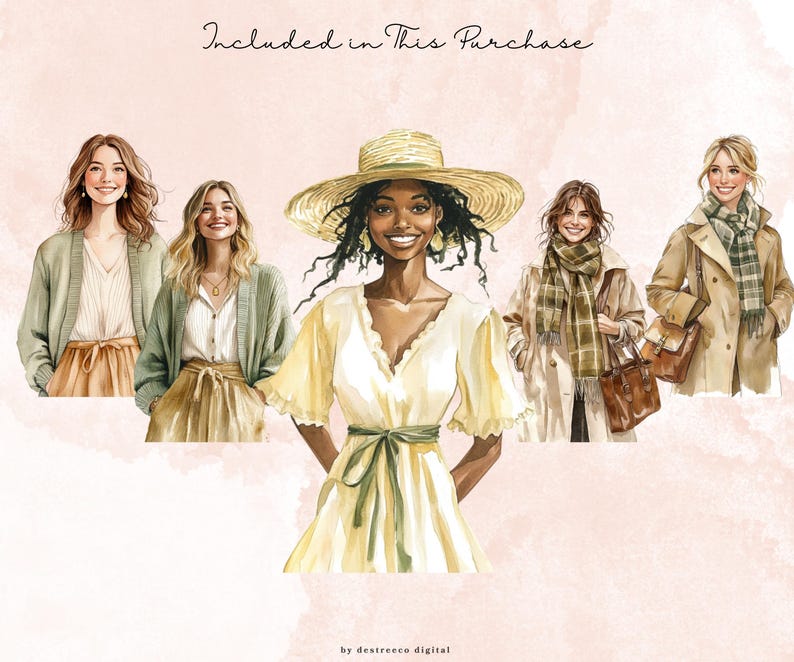 May include: Watercolor illustration of five women in various outfits. One woman wears a yellow dress and straw hat. Others are in cardigans, coats, and scarves. The text "Included in This Purchase" is at the top.