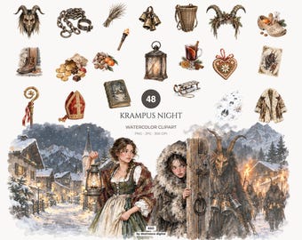 Krampus Clipart, St Nicholas Watercolor PNG, Creepy Christmas PNG, Gothic Holiday - 650