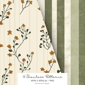 May include: A set of 12 seamless patterns featuring a floral design with small brown flowers and green stems on a cream background. The patterns are 4096 x 4096 pixels and are in PNG format. The text "12 Seamless Patterns 4096 x 4096 px - PNG by destreeco digital" is at the bottom of the image.