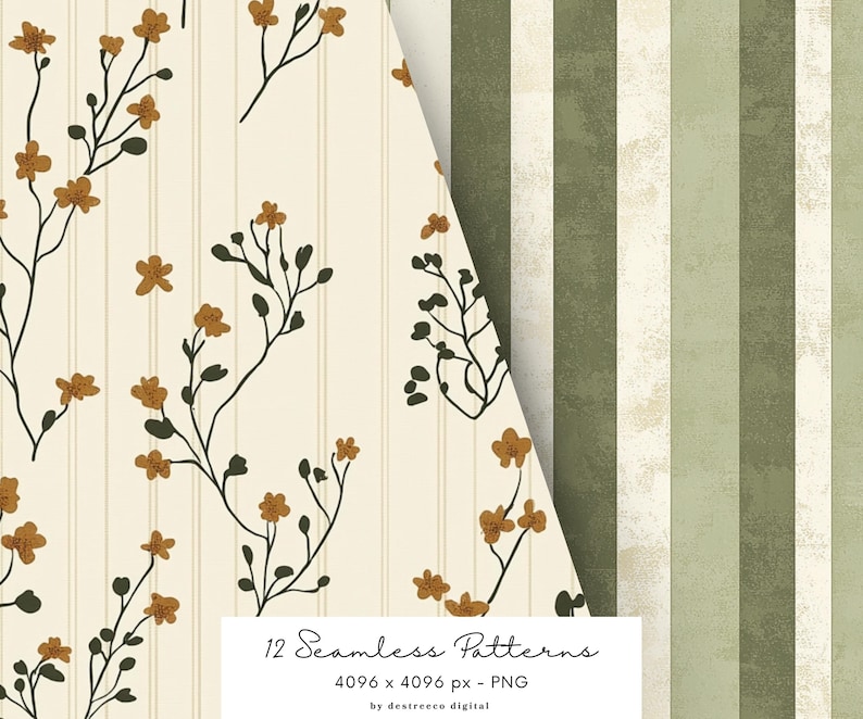 May include: A set of 12 seamless patterns featuring a floral design with small brown flowers and green stems on a cream background. The patterns are 4096 x 4096 pixels and are in PNG format. The text "12 Seamless Patterns 4096 x 4096 px - PNG by destreeco digital" is at the bottom of the image.