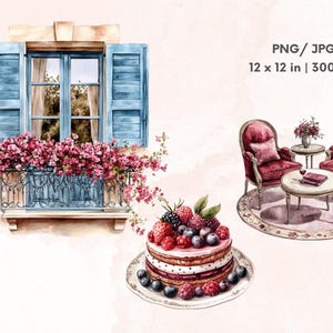 May include: A watercolor illustration of a window with blue shutters and a balcony with pink flowers. There is a cake with berries and a cream topping on a plate. Two red chairs and a table with a book and a glass of wine are in the background. The image is 12 x 12 inches and 300 DPI.
