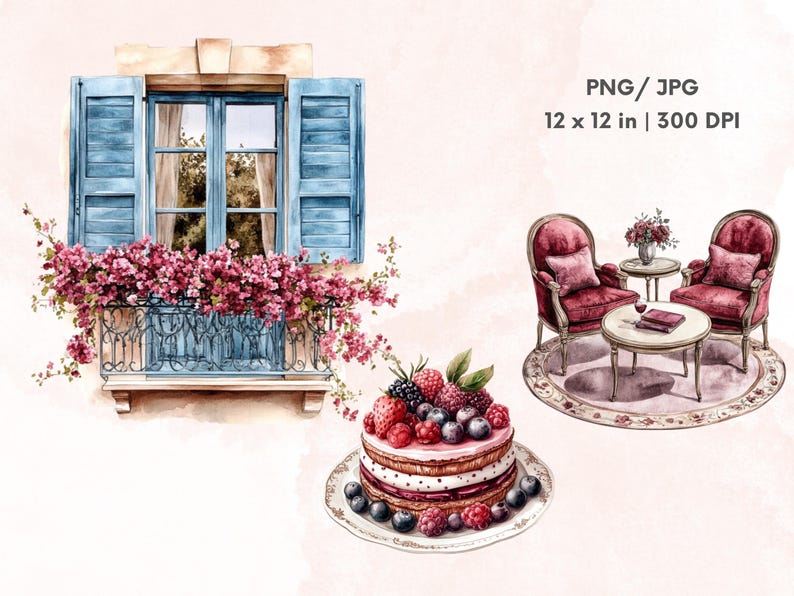 May include: A watercolor illustration of a window with blue shutters and a balcony with pink flowers. There is a cake with berries and a cream topping on a plate. Two red chairs and a table with a book and a glass of wine are in the background. The image is 12 x 12 inches and 300 DPI.