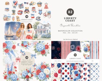 Colección de imágenes prediseñadas patrióticas en acuarela, conjunto de gráficos de estilo americano costero para el 4 de julio (descarga digital)