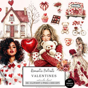 Valentinstag Clipart Bundle, Romantische Porträts Clipart, Aquarell Paar Clipart, Happy Valentine Grafiken, Herz, Niedlichkeit Png Download