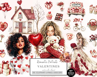 Valentines Clipart Bundle, Romantic Portraits Clipart, Watercolor Couple Clipart, Happy Valentine Graphics, Heart, Cuteness Png Download