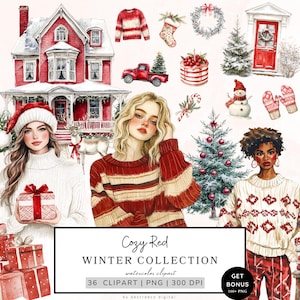 Pacote de clipart de inverno, clipart de inverno aconchegante, png de bengala doce, gráficos de Natal, gráficos de inverno com neve, png de cottagecore, download digital