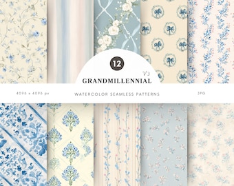 Watercolor Grandmillennial Seamless Patterns, Pastel Blue Pink Digital Paper, Vintage Floral Jpg, Plaid, Repeating Pattern, Scrapbook Paper