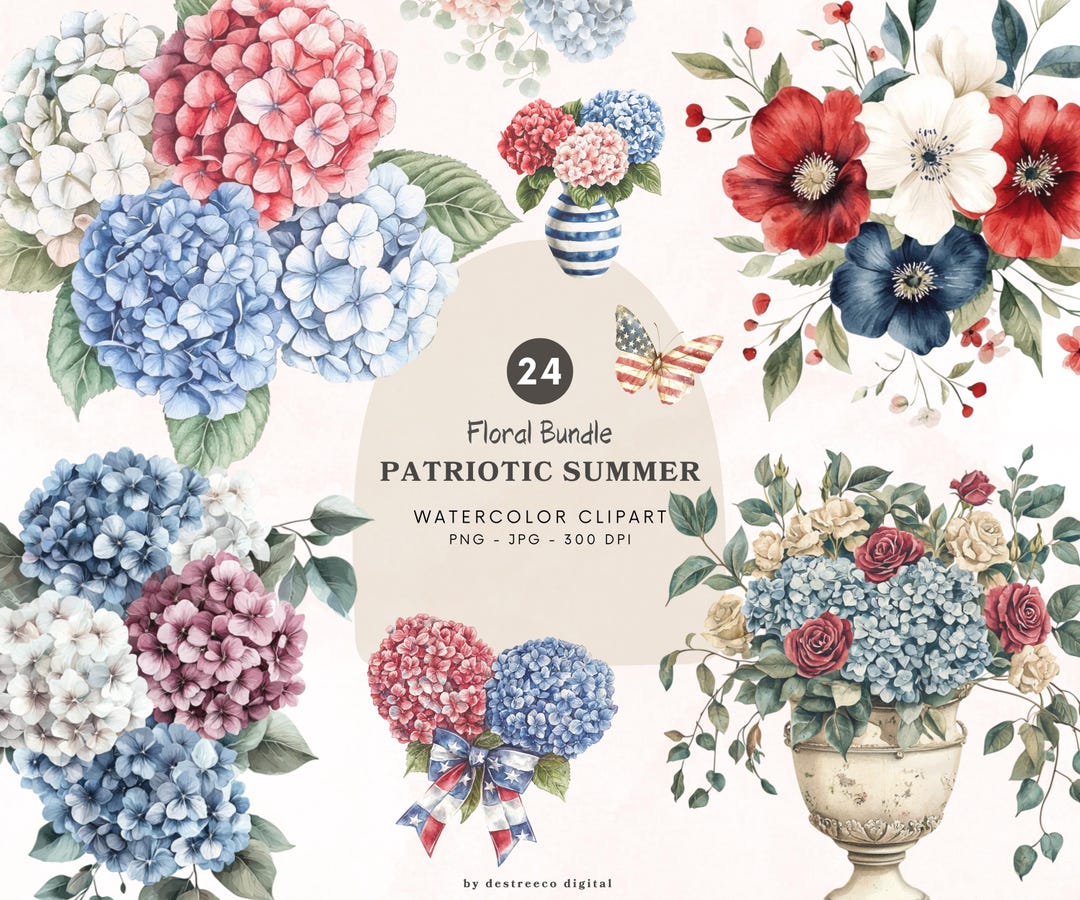 Watercolor Patriotic Summer Floral Bundle Png, 4th of July Day Png ...