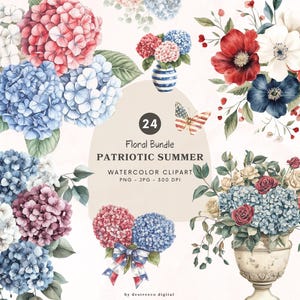 Bundle floral d'été patriotique aquarelle Png, jour du 4 juillet Png, bouquet floral patriotique Png, esthétique florale, clipart indépendance