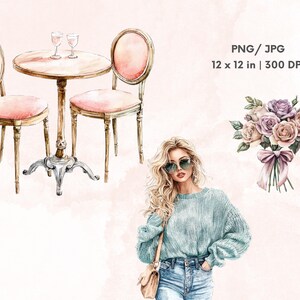 May include: A watercolor illustration of a woman wearing a blue sweater and jeans, holding a handbag. She is standing next to a table with two chairs and a bouquet of pink and purple roses.