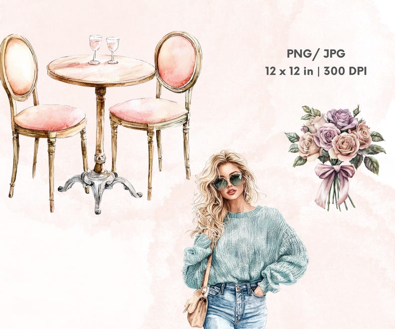May include: A watercolor illustration of a woman wearing a blue sweater and jeans, holding a handbag. She is standing next to a table with two chairs and a bouquet of pink and purple roses.