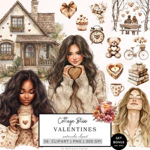 Paquete de imágenes prediseñadas de San Valentín, imágenes prediseñadas de cabaña romántica, imágenes prediseñadas de pareja de acuarela, gráficos de feliz San Valentín, corazón Png, descarga de imágenes prediseñadas de ternura