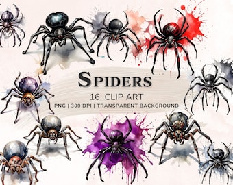 Spiders Clipart, Watercolor Clipart Bundle, 16 PNG Dark Fantasy Spider Clipart, Printable Graphics, Scrapbook Digital Download