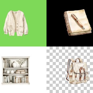 May include: A white bookshelf with three shelves filled with books and vases. There is a white cardigan, a brown leather-bound journal with a pen, and a brown canvas backpack.