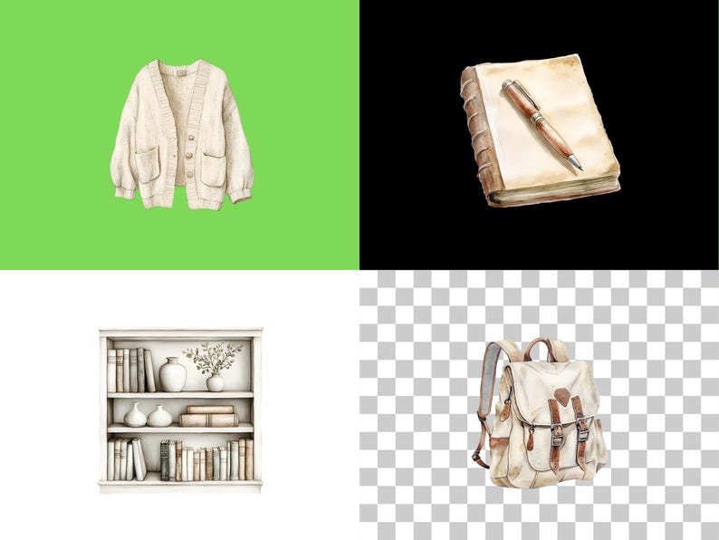 May include: A white bookshelf with three shelves filled with books and vases. There is a white cardigan, a brown leather-bound journal with a pen, and a brown canvas backpack.