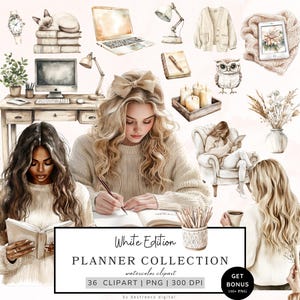 Watercolor Planner Girl Clipart, White Planning Clipart, Planner Lover Clipart, Neutral Journal Aesthetic Png Planner Elements, Cozy Planner