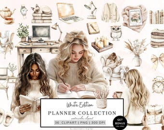 Watercolor Planner Girl Clipart, White Planning Clipart, Planner Lover Clipart, Neutral Journal Aesthetic Png Planner Elements, Cozy Planner