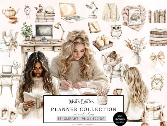 Watercolor Planner Girl Clipart, White Planning Clipart, Planner Lover Clipart, Neutral Journal Aesthetic Png Planner Elements, Cozy Planner