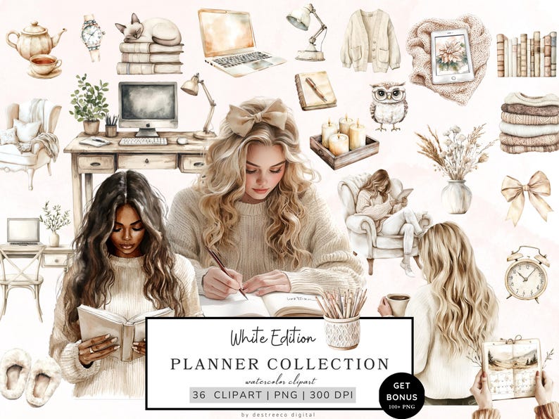 May include: A digital planner collection with watercolor illustrations of cozy home decor, including a woman writing in a journal, a woman reading a book, a cup of coffee, candles, books, and a laptop. The text "White Edition Planner Collection" is displayed at the bottom of the image.
