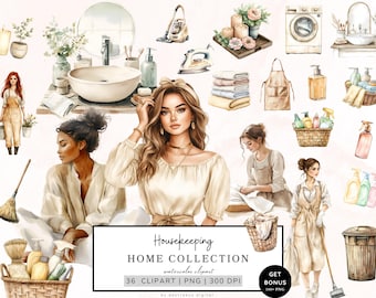Watercolor Housekeeping Clipart, Cleaning Clipart, Cleaning Supplies, Laundry Clipart, Fresh House Clipart, Spring Cleaning Digital Download
