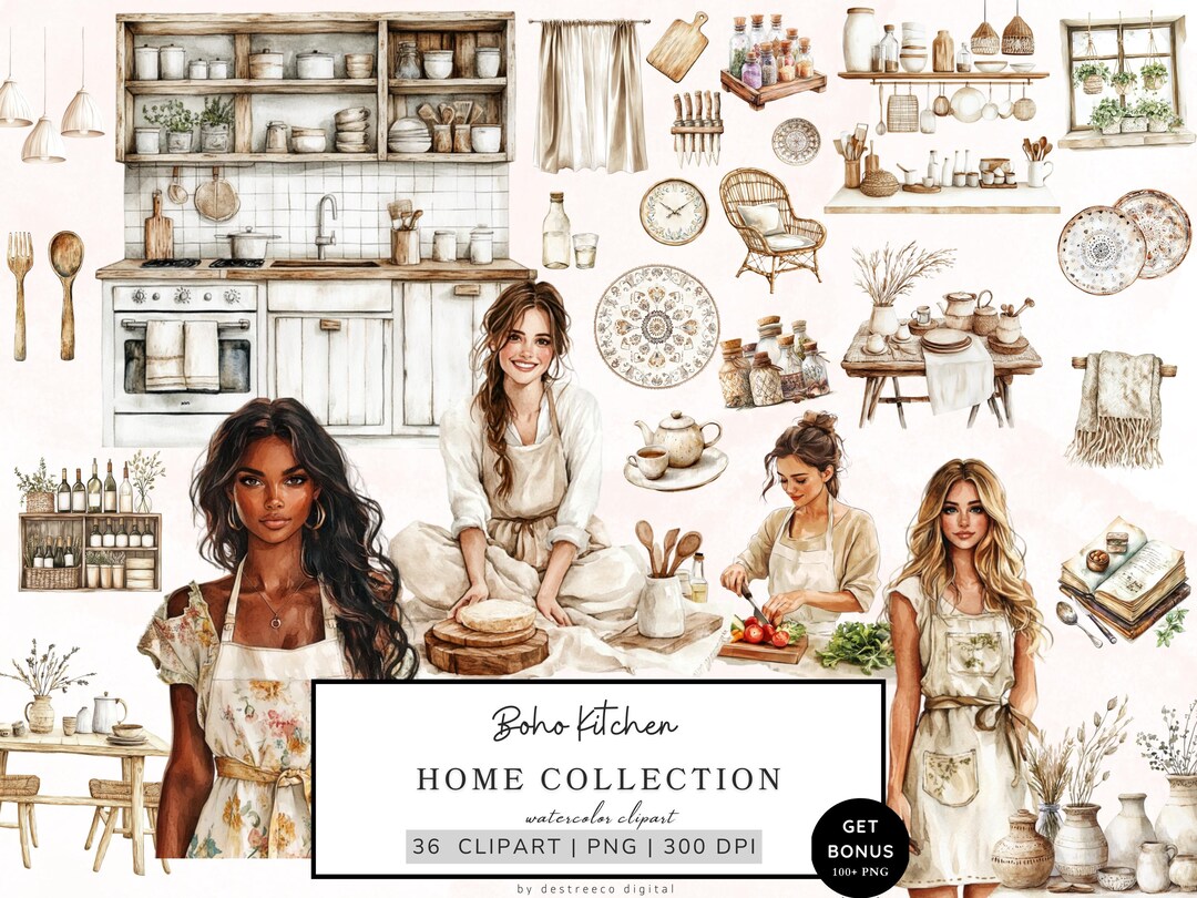 Watercolor Boho Kitchen Clipart, Cozy Cottagecore Clipart, Boho Life ...