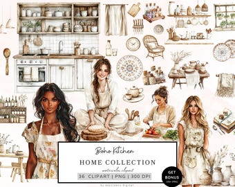 Watercolor Boho Kitchen Clipart, Cozy Cottagecore Clipart, Boho Life Png Bundle, Bohemian Clipart, Kitchen Table, Plants, Planner Girl Png