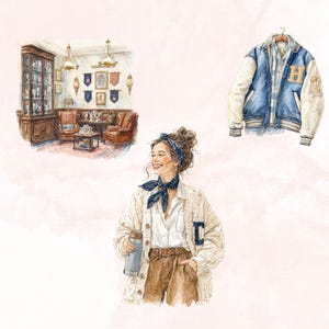 May include: Watercolor illustration featuring a woman in a white shirt, cream cardigan, and brown pants, holding a water bottle. A blue and white letterman jacket hangs above. A room with antique furniture is also depicted.